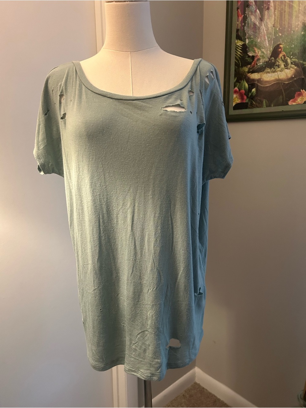 Express Light Aqua Distressed Short Sleeve Tee